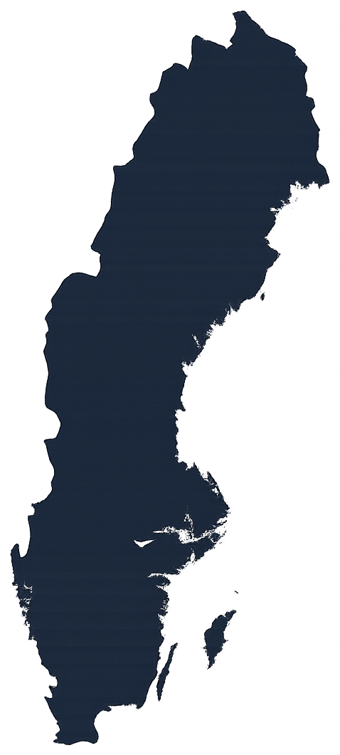 Karta över Sverige med guldmarkörer för stiftelser i Stockholm, Göteborg, Malmö, Linköping, Östersund, Umeå och Luleå. Markörerna är interaktiva knappar nedan.